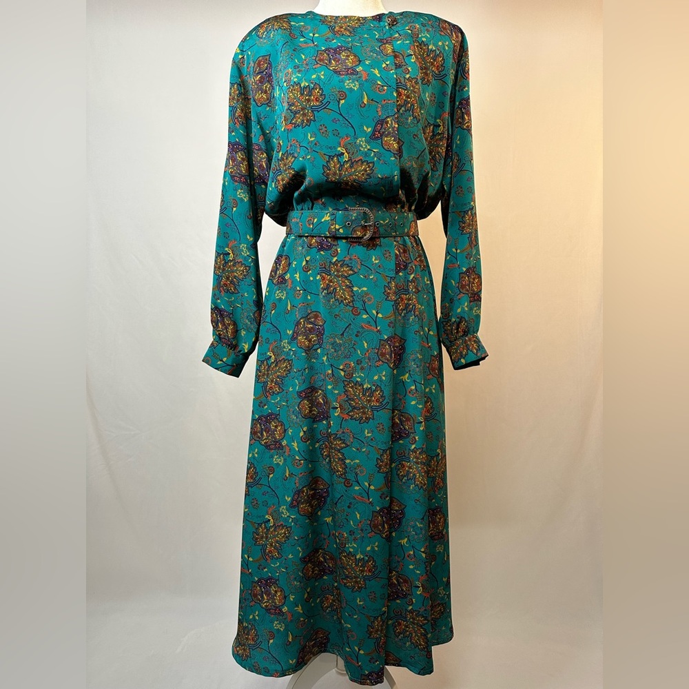 Liz Claiborne Midi Dress Belted Floral Green Brown Gold Size 6